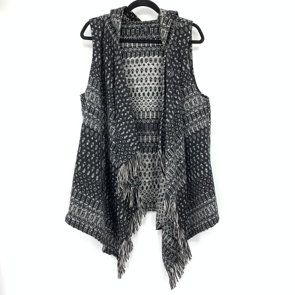 Lapis Waterfall Front Fringe Sweater Vest Cardigan Womens Size Large Black White